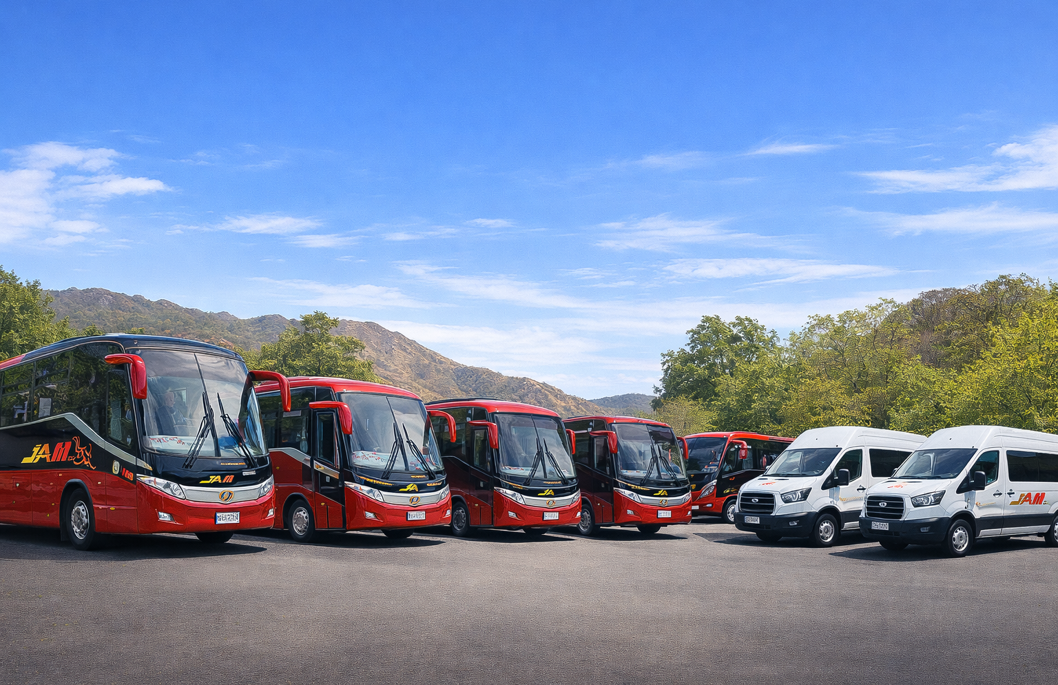 Ilustración de la flota JAM con buses, minibuses y automóviles